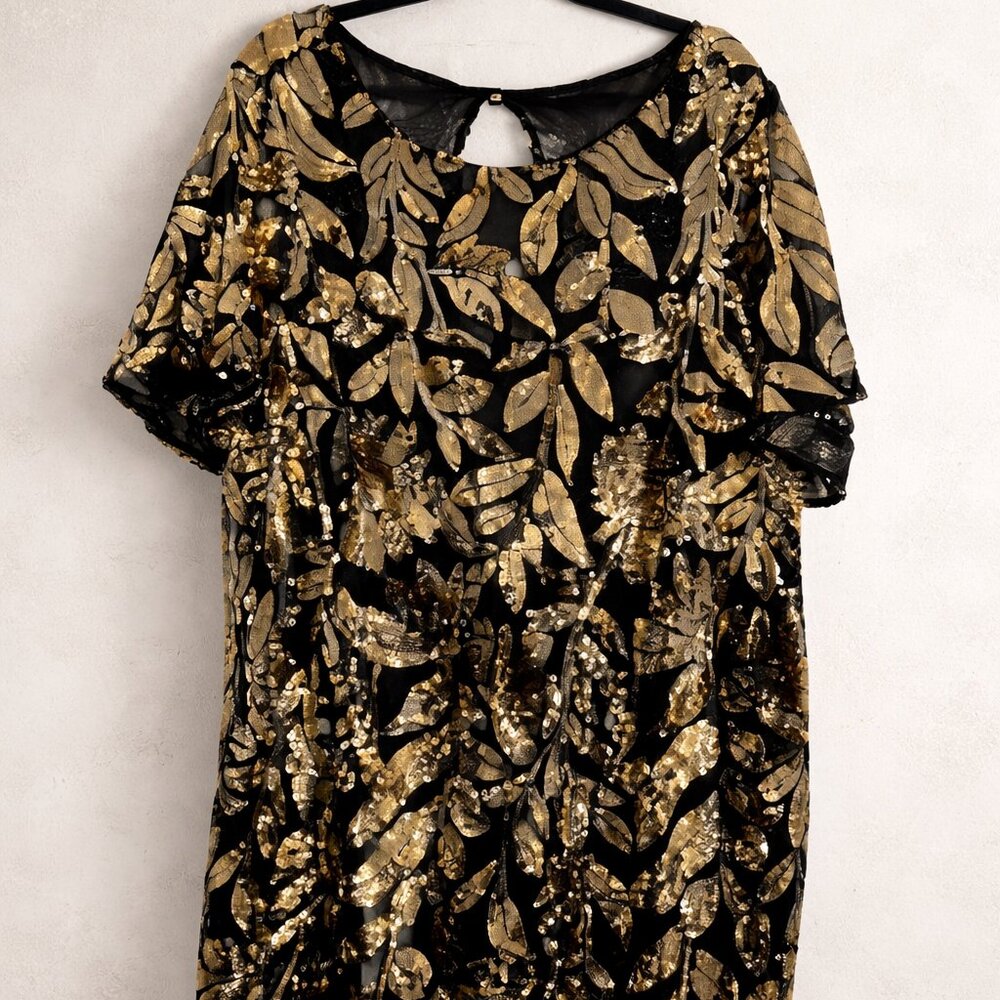 NWT Maeve Anthropologie 3X Gold Sequin Leaf Cocktail Dress